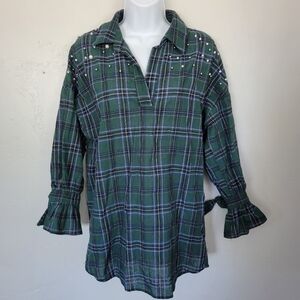 Kontrol Contemporary Small Green & Navy Plaid Long Sleeve Shirt Pearl Studs